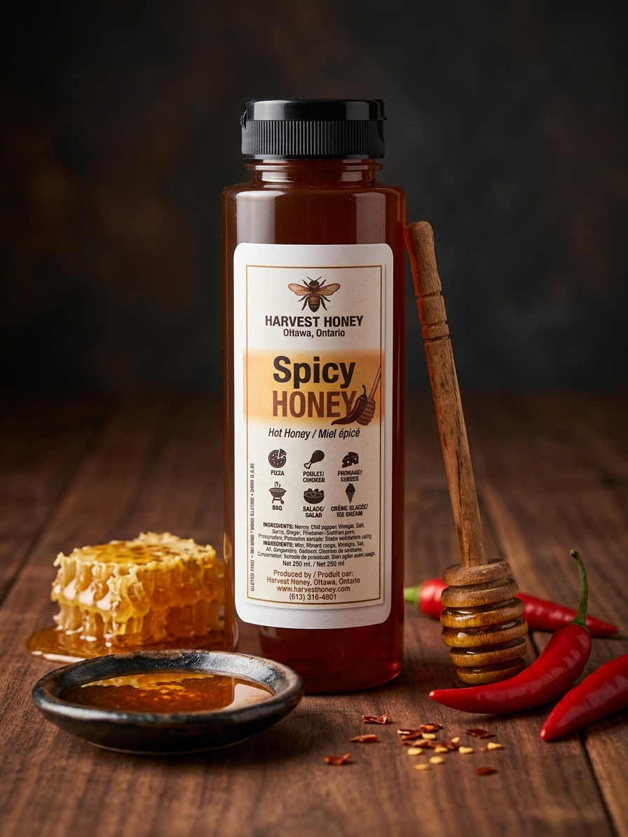Spicy hot honey bottle — Harvest Honey Ottawa